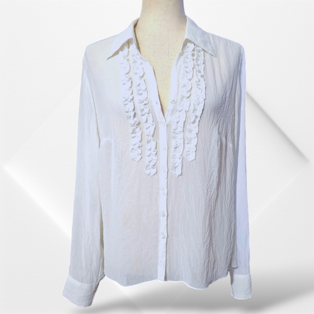 Marks & Spencer Ladies White Ruffle Button-Down Dress Shirt | Office UK 14/US 10